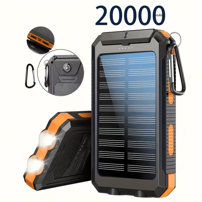 20 000 mAh saulės energijos išorinė baterija su LED žibintuvėliu ir kompasu