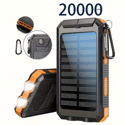 20 000 mAh saulės energijos išorinė baterija su LED žibintuvėliu ir kompasu
