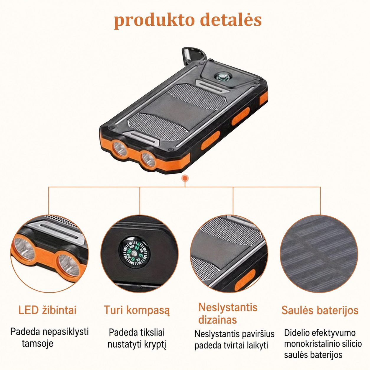 20 000 mAh saulės energijos išorinė baterija su LED žibintuvėliu ir kompasu